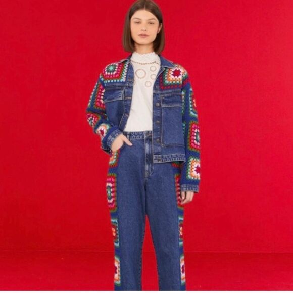RARE Farm Rio Crochet Squares Denim Jacket & Jeans Set Pants Granny Blue Size S - Picture 2 of 16